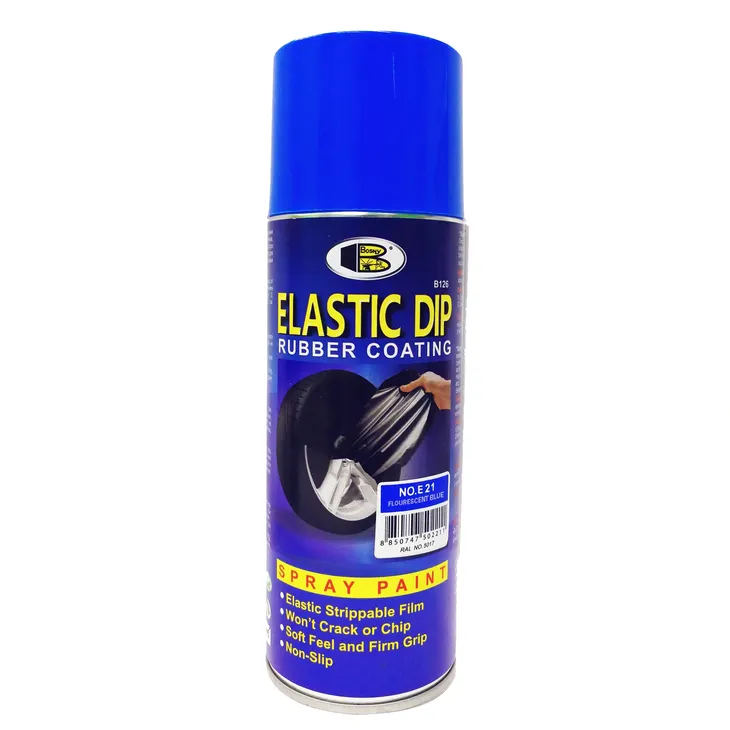 Lata de pintura en aerosol azul Elasti Dip de la marca Galaupa, muestra el aerosol con etiqueta y boquilla en la imagen.
