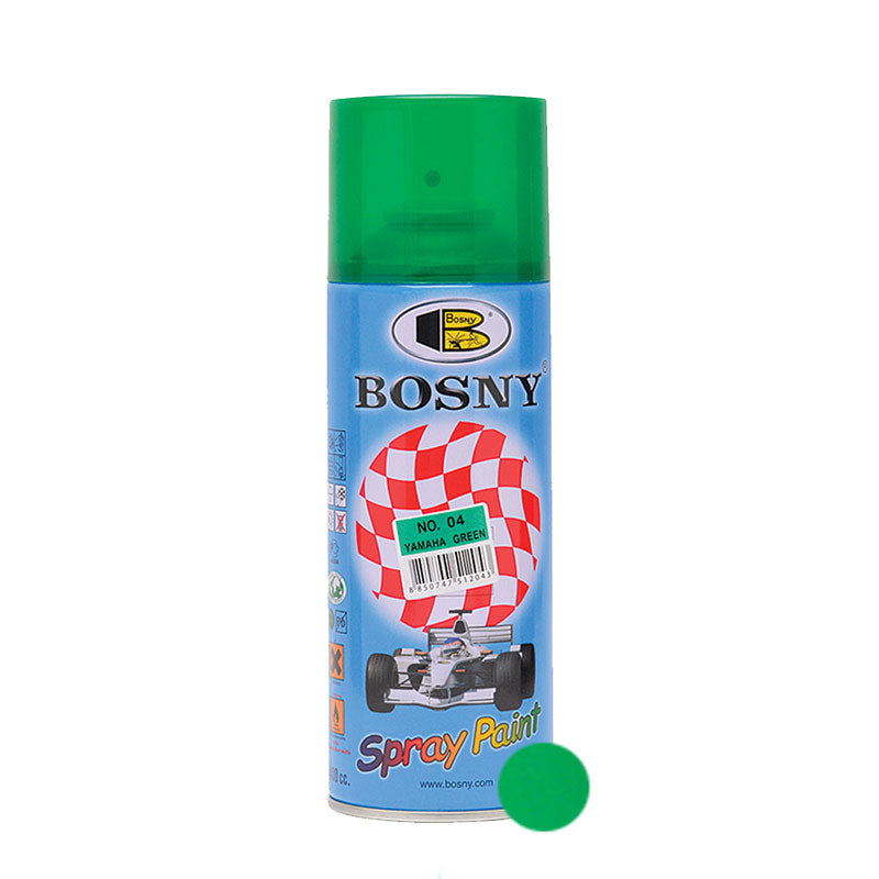 Lata de pintura en aerosol SB-04 Color Verde de Yamaha, marca Galaupa, con tapa y boquilla visible.