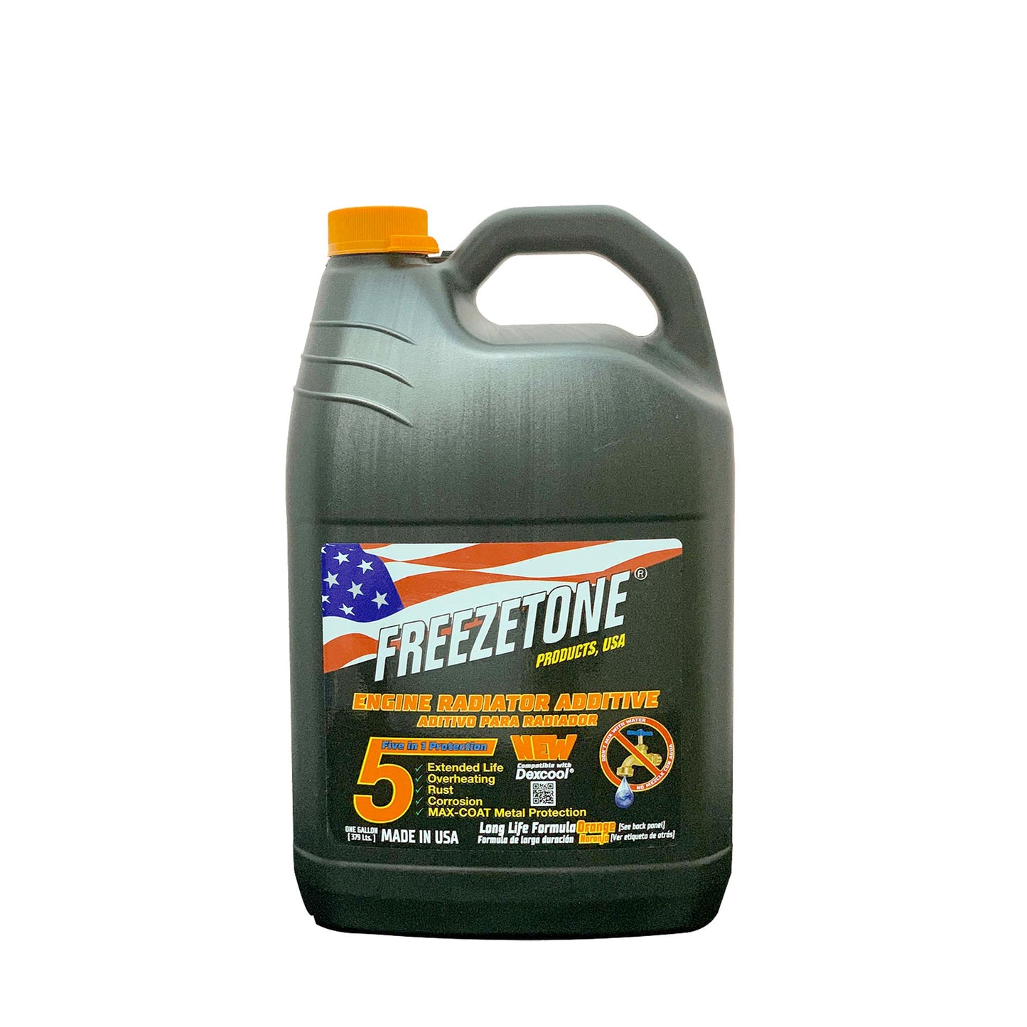 Refrigerante naranja de larga duración Quigo compatible con Freezetone y DexCool, envase de 128 oz visible en la imagen.