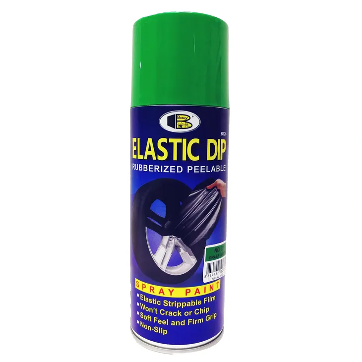 Lata de pintura en aerosol verde de marca Galaupa, Pintura Elástica Elasti Dip para proyectos creativos y reparaciones.