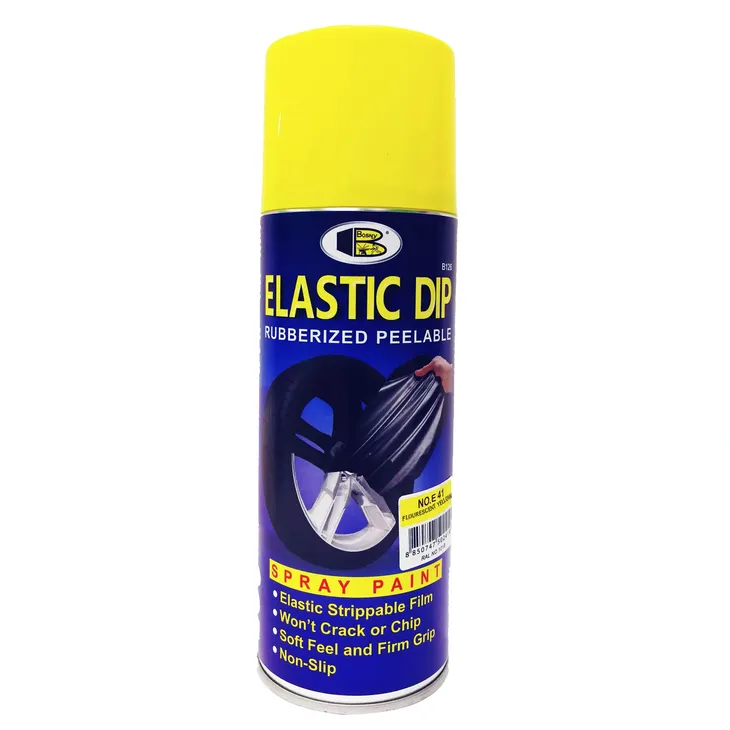 Lata de pintura en aerosol Elasti Dip de color amarillo, pintura elástica de marca Galaupa, vista frontal con tapa y boquilla