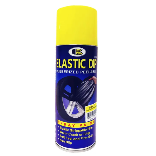 Lata de pintura en aerosol Elasti Dip de color amarillo, pintura elástica de marca Galaupa, vista frontal con tapa y boquilla