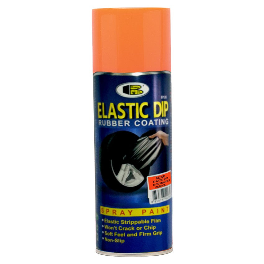 Lata de pintura en aerosol Elasti Dip de color naranja, pintura elástica de la marca Galaupa, vista frontal en la imagen.