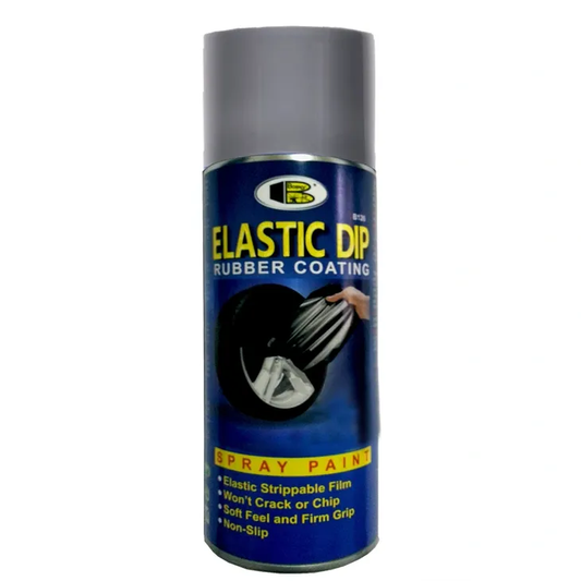 Lata de pintura en aerosol Elasti Dip de color plateado de la marca Galaupa, con acabado elástico y brillante.