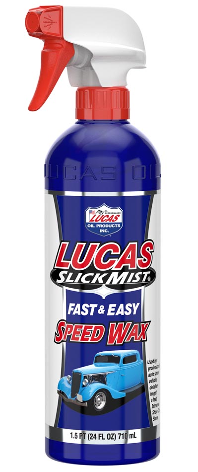 Cera rápida Slick Mist de Galaupa, producto de cuidado del vehículo, mostrando la botella y la aplicación en coche brillante