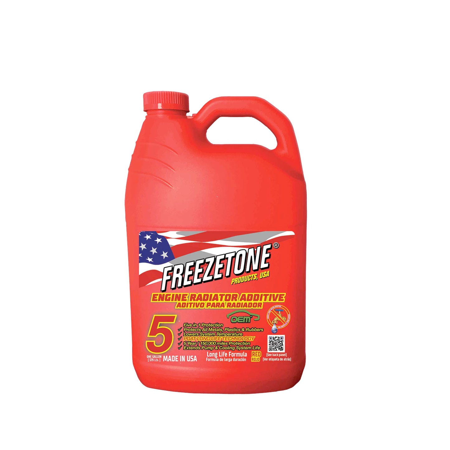 Líquido refrigerante rojo de larga duración OAT de la marca Quigo, visible en botella con etiqueta y tapa roja.